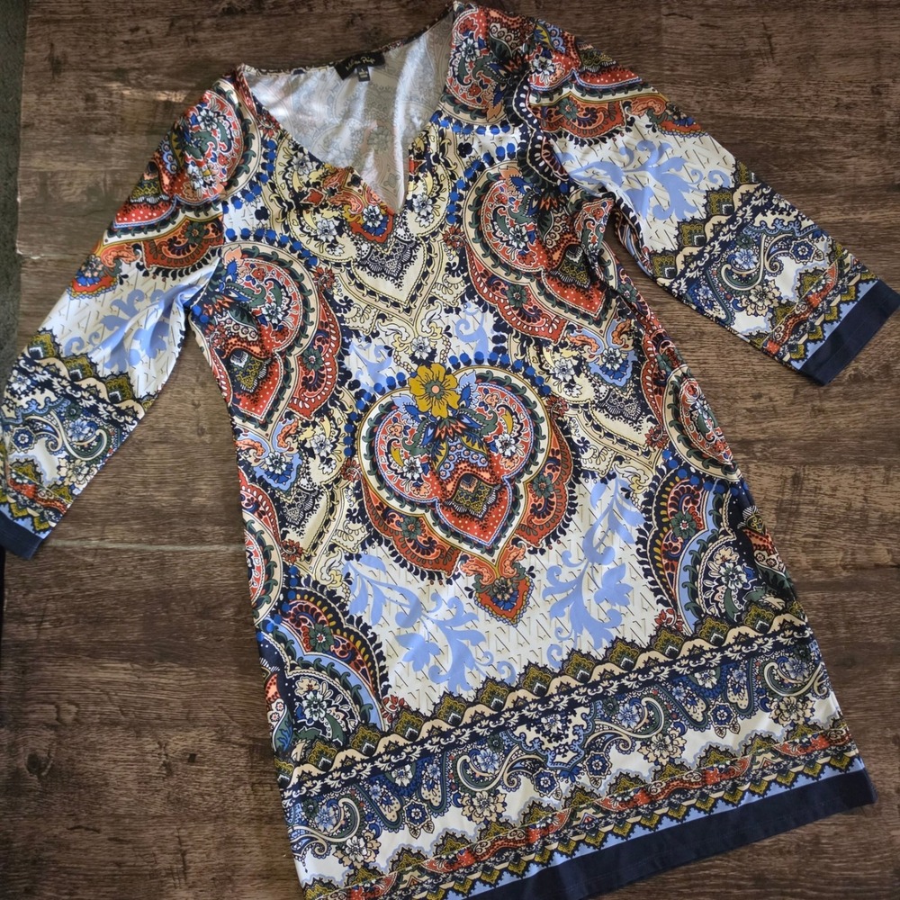 MELISSA PAIGE Shift Dress Womens Lβ Multi-Color Paisley Floral 3/4 Sleeve Knit